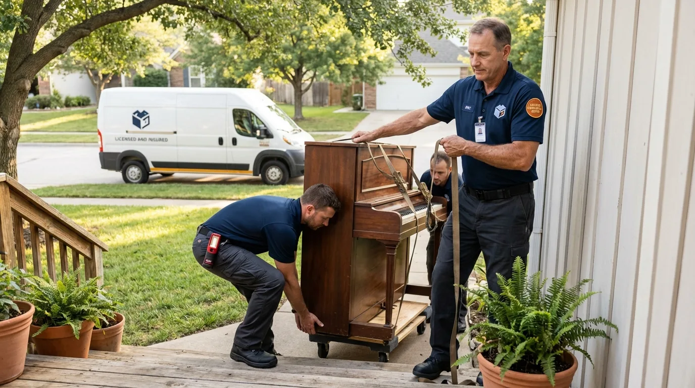 Licensed piano movers securing grand piano in Morrison, IL