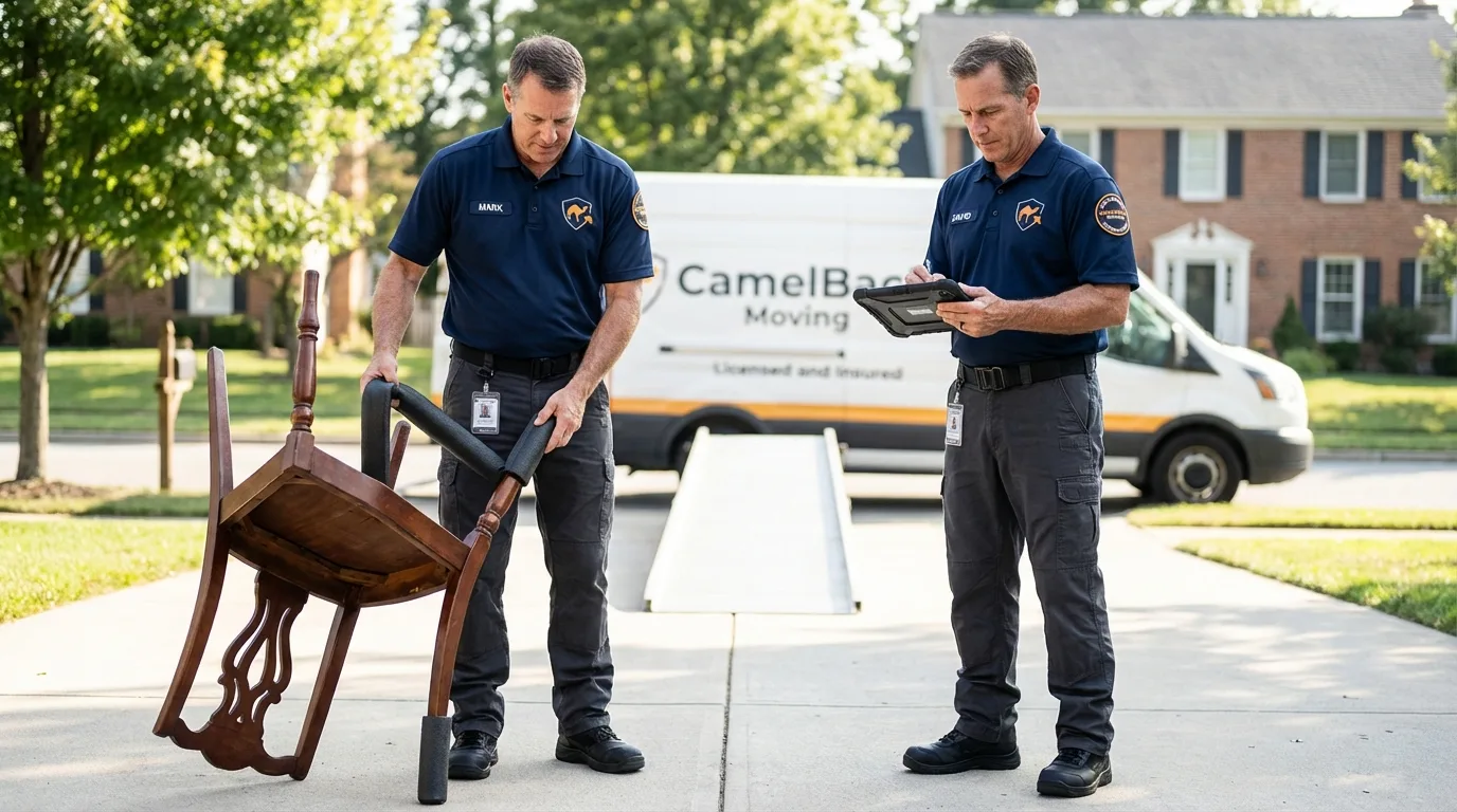 Movers inspecting furniture for damage prevention before loading in Morrison, IL