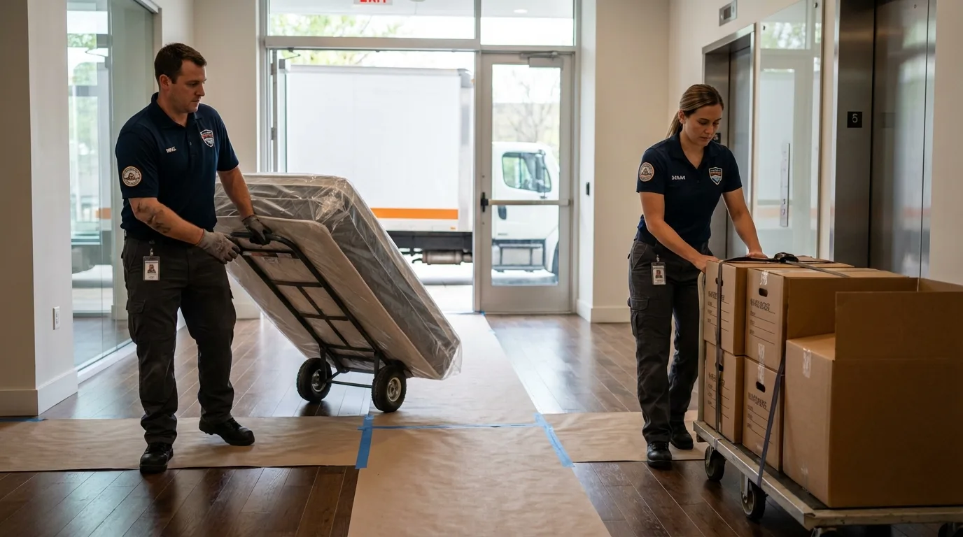 Professional apartment movers loading elevator in Morrison, IL