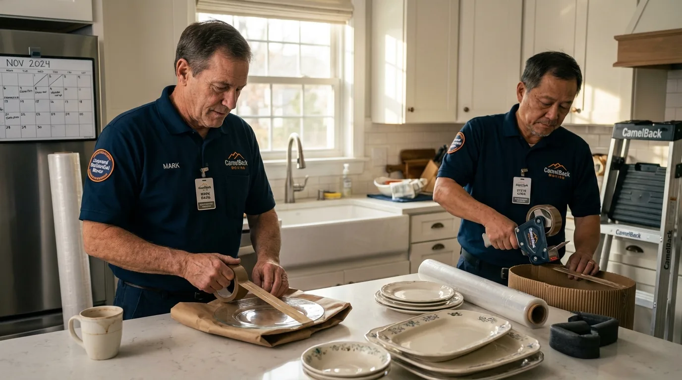 Professional crew packing kitchen dishware in Morrison, IL